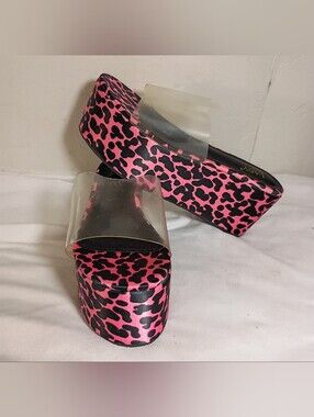 Lady Go Diva Vintage Pink Cheetah Print Flatform Wedge Sandals Clear Upper 6.5